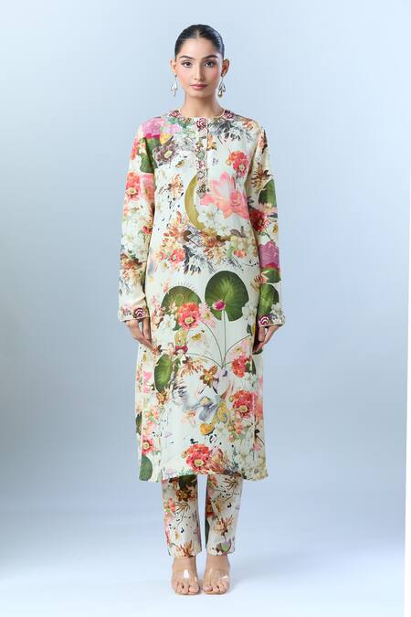Anamika Khanna Off White Cotton Beads, Sequins Round Neck Bloom Print Kurta Set Online at Aza Fashions Anamika Khanna_Off White Cotton Beads, Sequins Round Neck Bloom Print Kurta Set_Online_at_Aza_Fashions