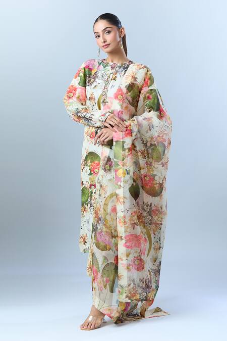 Shop Anamika Khanna Off White Cotton Beads, Sequins Round Neck Bloom Print Kurta Set Online at Aza Fashions Shop_Anamika Khanna_Off White Cotton Beads, Sequins Round Neck Bloom Print Kurta Set_Online_at_Aza_Fashions