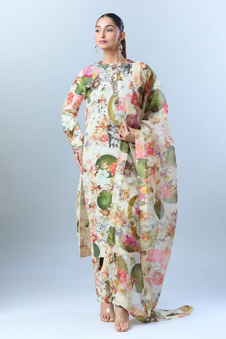 Anamika Khanna Off White Cotton Beads, Sequins Round Neck Bloom Print Kurta Set at Aza Fashions Anamika Khanna_Off White Cotton Beads, Sequins Round Neck Bloom Print Kurta Set_at_Aza_Fashions