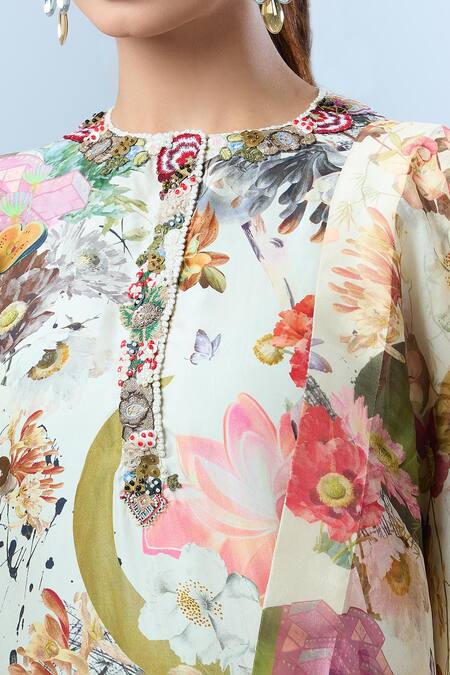 Buy Anamika Khanna Off White Cotton Beads, Sequins Round Neck Bloom Print Kurta Set Buy_Anamika Khanna_Off White Cotton Beads, Sequins Round Neck Bloom Print Kurta Set