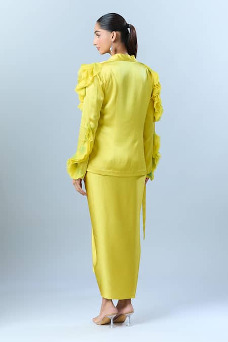 Shop_AK-OK_Green Ruffle V Neck Detailed Blazer With Skirt _at_Aza_Fashions