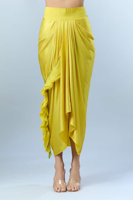 AK-OK_Green Ruffle V Neck Detailed Blazer With Skirt _Online_at_Aza_Fashions