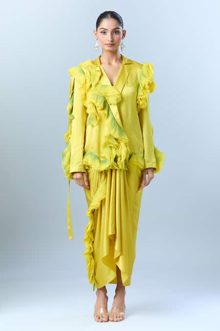 Buy_AK-OK_Green Ruffle V Neck Detailed Blazer With Skirt _Online_at_Aza_Fashions