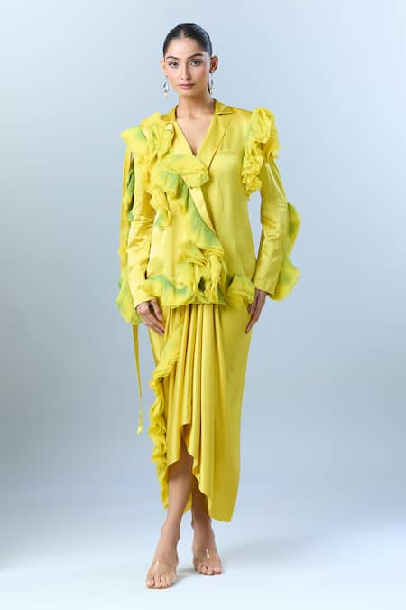 Shop_AK-OK_Green Ruffle V Neck Detailed Blazer With Skirt _Online_at_Aza_Fashions
