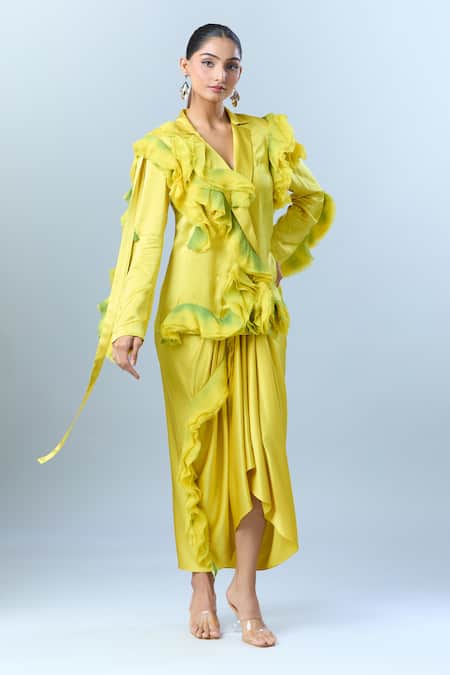 AK-OK_Green Ruffle V Neck Detailed Blazer With Skirt _at_Aza_Fashions