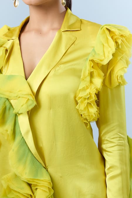 Buy_AK-OK_Green Ruffle V Neck Detailed Blazer With Skirt 