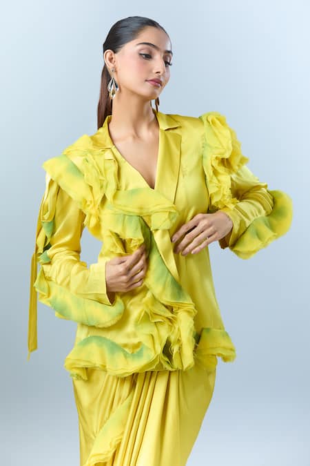 Shop_AK-OK_Green Ruffle V Neck Detailed Blazer With Skirt 