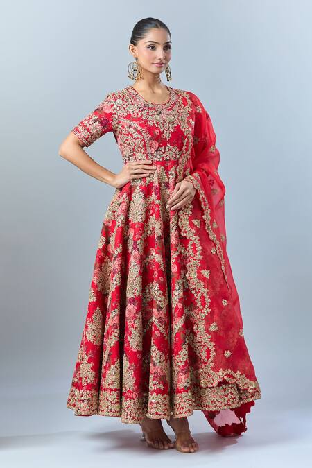 Debyani + CO Red Floral Round Embroidered Anarkali With Dupatta Online at Aza Fashions Debyani + CO_Red Floral Round Embroidered Anarkali With Dupatta _Online_at_Aza_Fashions