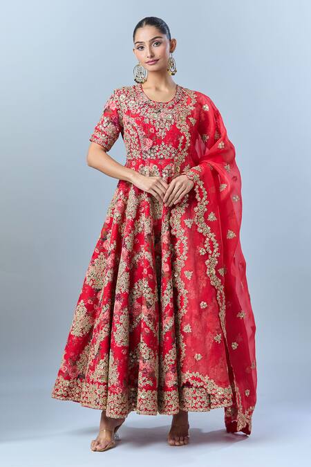 Buy Debyani + CO Red Floral Round Embroidered Anarkali With Dupatta Online at Aza Fashions Buy_Debyani + CO_Red Floral Round Embroidered Anarkali With Dupatta _Online_at_Aza_Fashions