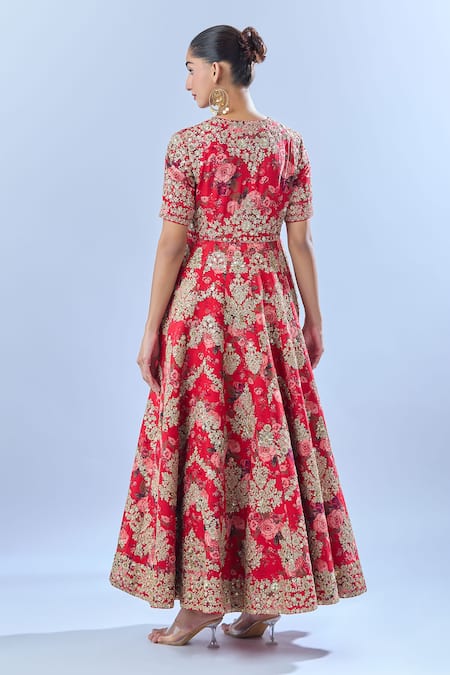 Shop Debyani + CO Red Floral Round Embroidered Anarkali With Dupatta at Aza Fashions Shop_Debyani + CO_Red Floral Round Embroidered Anarkali With Dupatta _at_Aza_Fashions