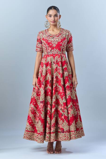 Shop Debyani + CO Red Floral Round Embroidered Anarkali With Dupatta Online at Aza Fashions Shop_Debyani + CO_Red Floral Round Embroidered Anarkali With Dupatta _Online_at_Aza_Fashions