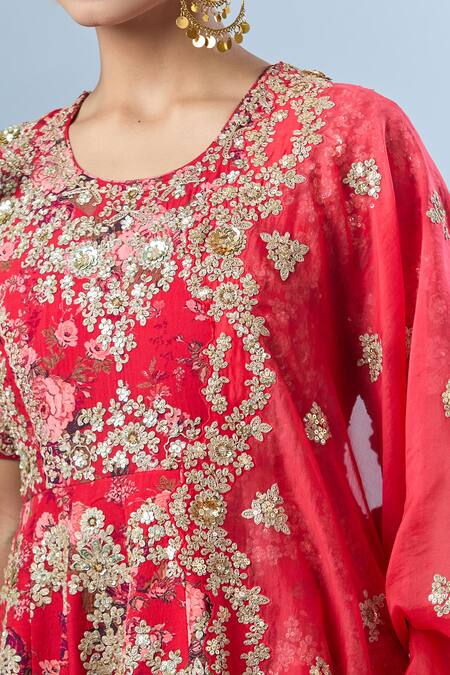 Debyani + CO Red Floral Round Embroidered Anarkali With Dupatta at Aza Fashions Debyani + CO_Red Floral Round Embroidered Anarkali With Dupatta _at_Aza_Fashions