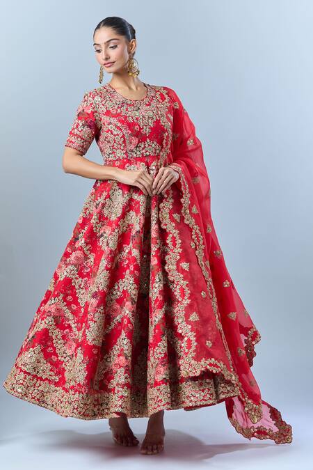 Buy Debyani + CO Red Floral Round Embroidered Anarkali With Dupatta Buy_Debyani + CO_Red Floral Round Embroidered Anarkali With Dupatta