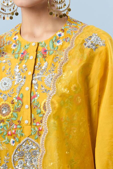Debyani + CO_Yellow Floral, Sequin, Thread Round Embroidered Kurta Dhoti Pant Set _Online_at_Aza_Fashions