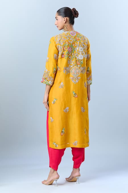 Shop_Debyani + CO_Yellow Floral, Sequin, Thread Round Embroidered Kurta Dhoti Pant Set _at_Aza_Fashions