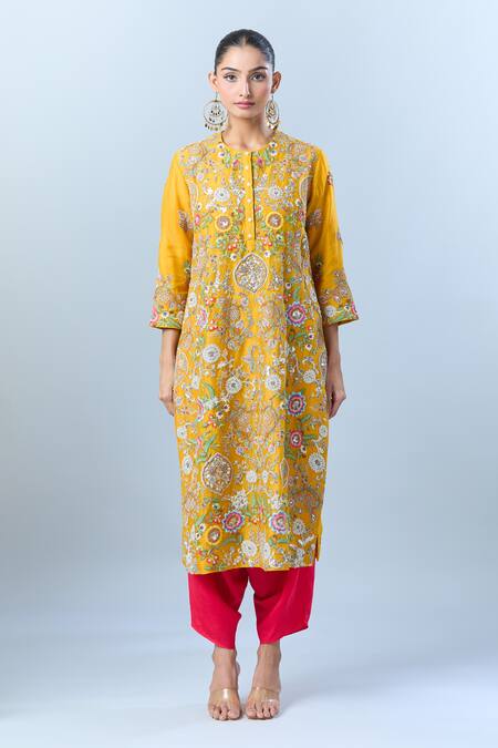 Buy_Debyani + CO_Yellow Floral, Sequin, Thread Round Embroidered Kurta Dhoti Pant Set _Online_at_Aza_Fashions