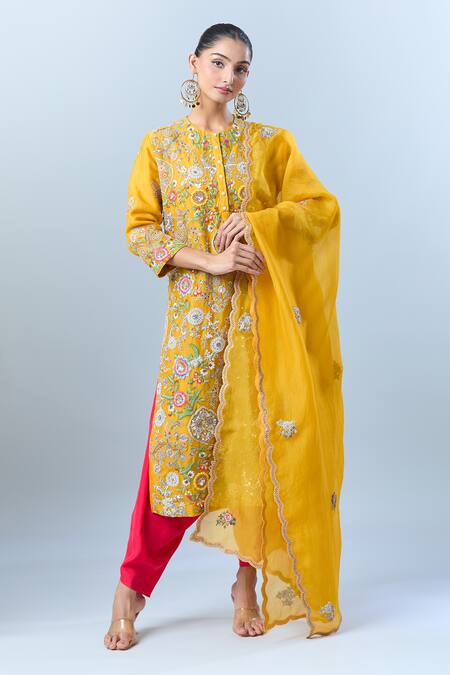 Shop_Debyani + CO_Yellow Floral, Sequin, Thread Round Embroidered Kurta Dhoti Pant Set _Online_at_Aza_Fashions