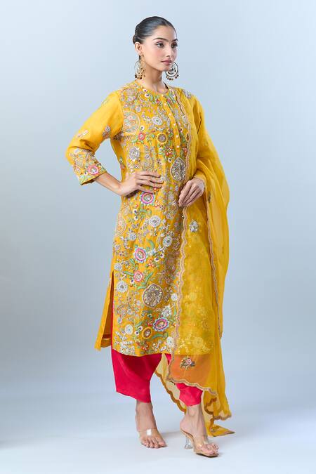 Buy_Debyani + CO_Yellow Floral, Sequin, Thread Round Embroidered Kurta Dhoti Pant Set 