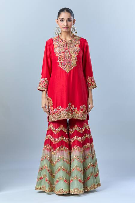 Debyani + CO Red Cotton, Georgette Embroidery, Sequins Split V-neck Floral Kurta Sharara Set Online at Aza Fashions Debyani + CO_Red Cotton, Georgette Embroidery, Sequins Split V-neck Floral Kurta Sharara Set _Online_at_Aza_Fashions