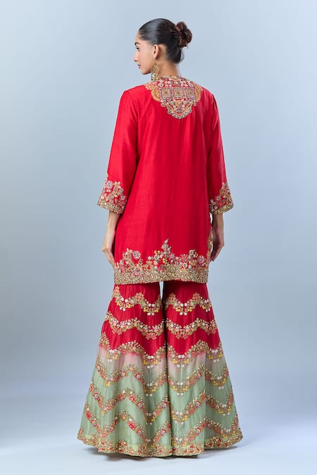 Shop Debyani + CO Red Cotton, Georgette Embroidery, Sequins Split V-neck Floral Kurta Sharara Set at Aza Fashions Shop_Debyani + CO_Red Cotton, Georgette Embroidery, Sequins Split V-neck Floral Kurta Sharara Set _at_Aza_Fashions