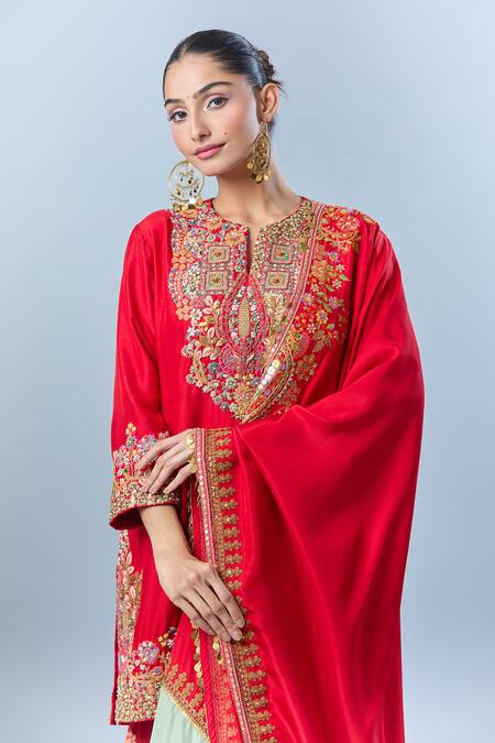 Buy Debyani + CO Red Cotton, Georgette Embroidery, Sequins Split V-neck Floral Kurta Sharara Set Online at Aza Fashions Buy_Debyani + CO_Red Cotton, Georgette Embroidery, Sequins Split V-neck Floral Kurta Sharara Set _Online_at_Aza_Fashions