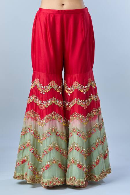 Shop Debyani + CO Red Cotton, Georgette Embroidery, Sequins Split V-neck Floral Kurta Sharara Set Online at Aza Fashions Shop_Debyani + CO_Red Cotton, Georgette Embroidery, Sequins Split V-neck Floral Kurta Sharara Set _Online_at_Aza_Fashions