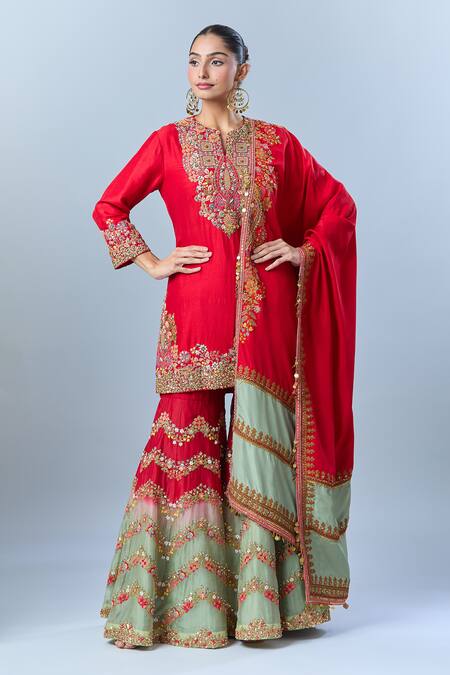 Debyani + CO Red Cotton, Georgette Embroidery, Sequins Split V-neck Floral Kurta Sharara Set at Aza Fashions Debyani + CO_Red Cotton, Georgette Embroidery, Sequins Split V-neck Floral Kurta Sharara Set _at_Aza_Fashions