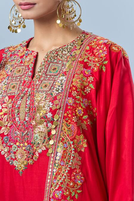Buy Debyani + CO Red Cotton, Georgette Embroidery, Sequins Split V-neck Floral Kurta Sharara Set Buy_Debyani + CO_Red Cotton, Georgette Embroidery, Sequins Split V-neck Floral Kurta Sharara Set