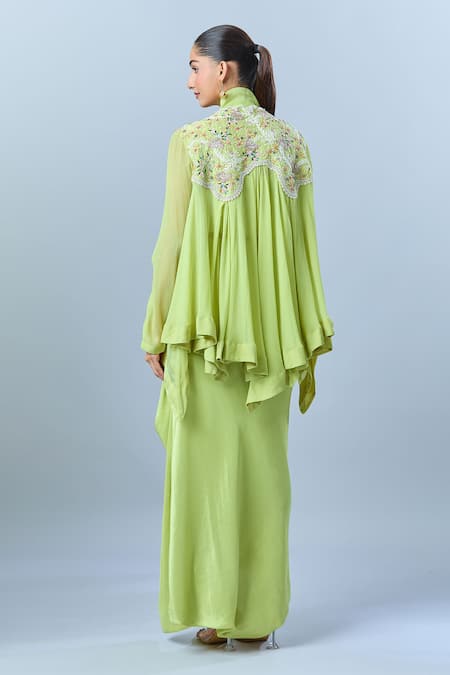 Shop Anamika Khanna Green Georgette, Silk Embroidery Round Neck, Floral Yoke Jacket Skirt Set at Aza Fashions Shop_Anamika Khanna_Green Georgette, Silk Embroidery Round Neck, Floral Yoke Jacket Skirt Set_at_Aza_Fashions