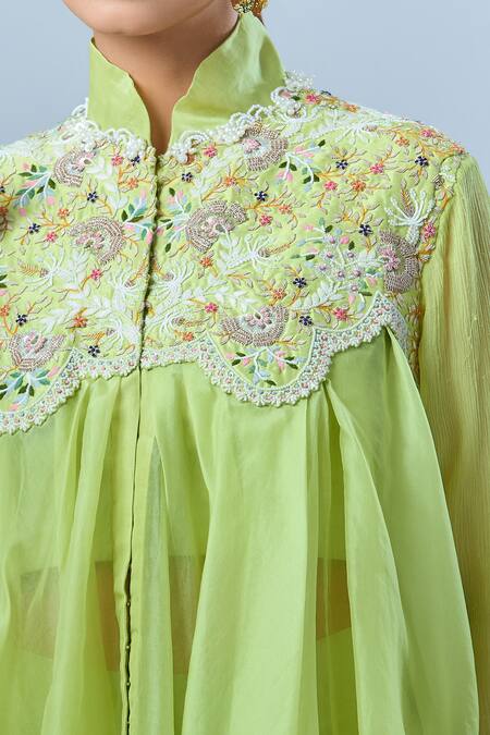 Anamika Khanna Green Georgette, Silk Embroidery Round Neck, Floral Yoke Jacket Skirt Set Online at Aza Fashions Anamika Khanna_Green Georgette, Silk Embroidery Round Neck, Floral Yoke Jacket Skirt Set_Online_at_Aza_Fashions