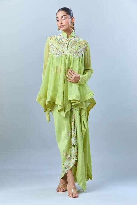 Buy Anamika Khanna Green Georgette, Silk Embroidery Round Neck, Floral Yoke Jacket Skirt Set Online at Aza Fashions Buy_Anamika Khanna_Green Georgette, Silk Embroidery Round Neck, Floral Yoke Jacket Skirt Set_Online_at_Aza_Fashions