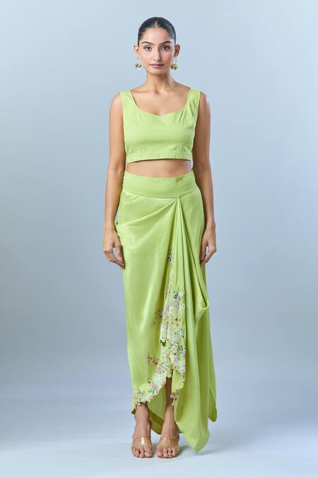 Shop Anamika Khanna Green Georgette, Silk Embroidery Round Neck, Floral Yoke Jacket Skirt Set Online at Aza Fashions Shop_Anamika Khanna_Green Georgette, Silk Embroidery Round Neck, Floral Yoke Jacket Skirt Set_Online_at_Aza_Fashions