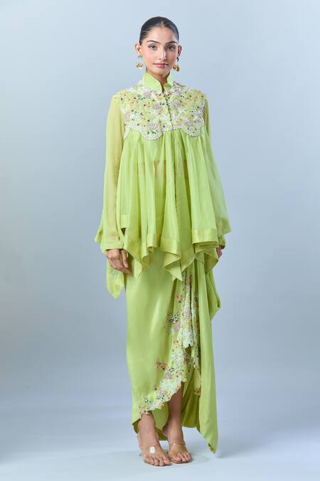 Anamika Khanna Green Georgette, Silk Embroidery Round Neck, Floral Yoke Jacket Skirt Set at Aza Fashions Anamika Khanna_Green Georgette, Silk Embroidery Round Neck, Floral Yoke Jacket Skirt Set_at_Aza_Fashions