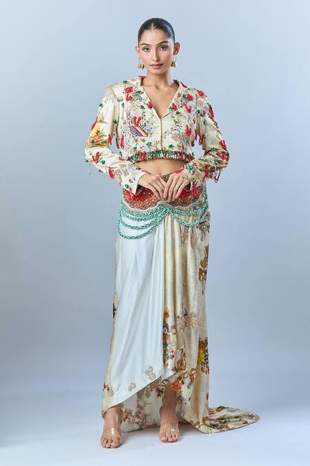 Anamika Khanna_Cream Floral Notched Lapel Embroidered Jacket With Draped Skirt _Online_at_Aza_Fashions