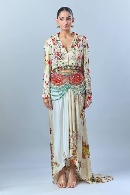 Buy_Anamika Khanna_Cream Floral Notched Lapel Embroidered Jacket With Draped Skirt _Online_at_Aza_Fashions