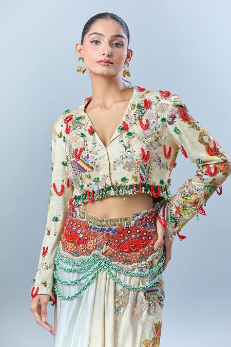Shop_Anamika Khanna_Cream Floral Notched Lapel Embroidered Jacket With Draped Skirt _Online_at_Aza_Fashions