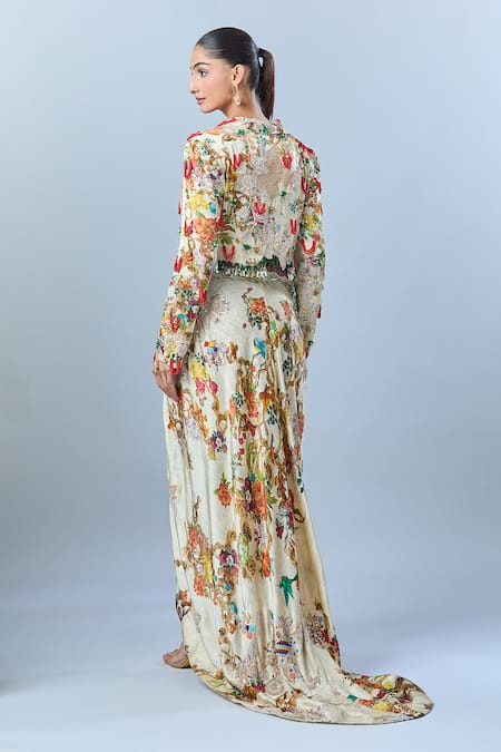 Anamika Khanna Floral Embroidered Jacket With Draped Skirt 