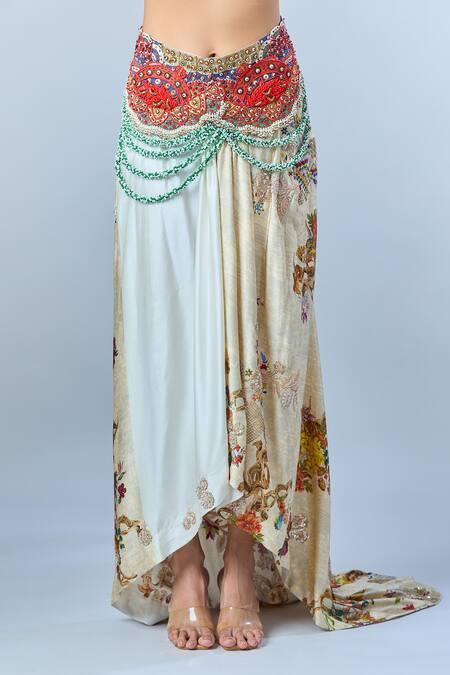 Anamika Khanna_Cream Floral Notched Lapel Embroidered Jacket With Draped Skirt _at_Aza_Fashions