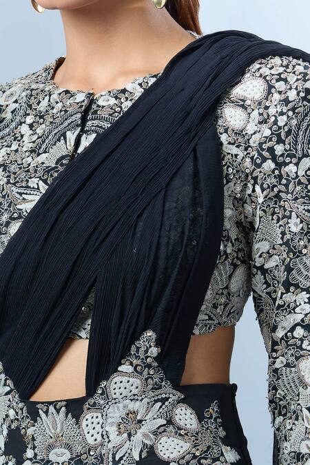 Anamika Khanna_Black Floral, Thread Round Embroidered Waist Pant Set _Online_at_Aza_Fashions