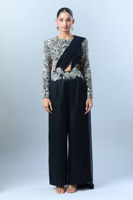 Buy_Anamika Khanna_Black Floral, Thread Round Embroidered Waist Pant Set _Online_at_Aza_Fashions