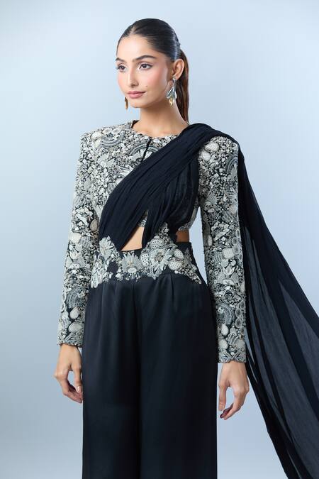 Shop_Anamika Khanna_Black Floral, Thread Round Embroidered Waist Pant Set _Online_at_Aza_Fashions
