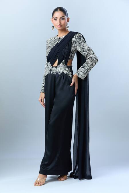 Anamika Khanna_Black Floral, Thread Round Embroidered Waist Pant Set _at_Aza_Fashions