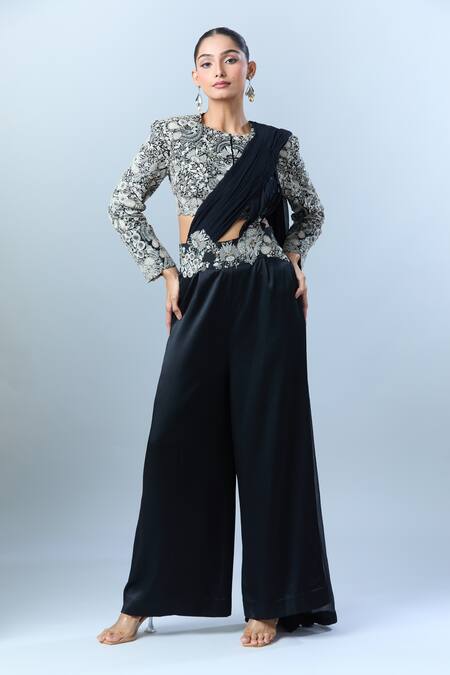 Buy_Anamika Khanna_Black Floral, Thread Round Embroidered Waist Pant Set 