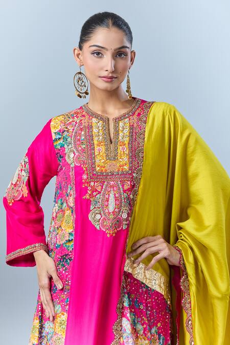 Debyani + CO_Pink Cotton Sequins, Beads, Embroidery Split V-neck Floral Print Kurta Set _Online_at_Aza_Fashions
