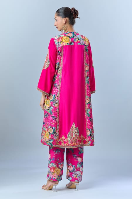 Shop_Debyani + CO_Pink Cotton Sequins, Beads, Embroidery Split V-neck Floral Print Kurta Set _at_Aza_Fashions