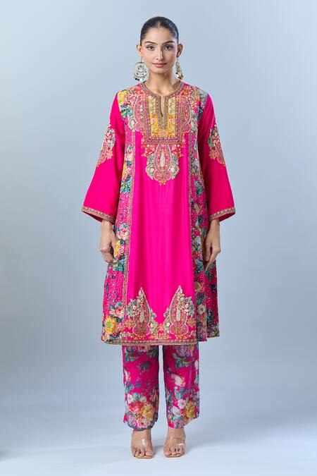 Shop_Debyani + CO_Pink Cotton Sequins, Beads, Embroidery Split V-neck Floral Print Kurta Set _Online_at_Aza_Fashions
