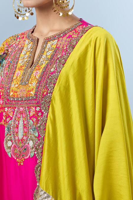 Debyani + CO_Pink Cotton Sequins, Beads, Embroidery Split V-neck Floral Print Kurta Set _at_Aza_Fashions