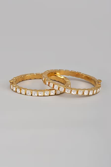 Shop Karisa Designs White Moissanite Polki Akina Embellished Bangles-Set of 2 at Aza Fashions Shop_Karisa Designs_White Moissanite Polki Akina Embellished Bangles-Set of 2 _at_Aza_Fashions