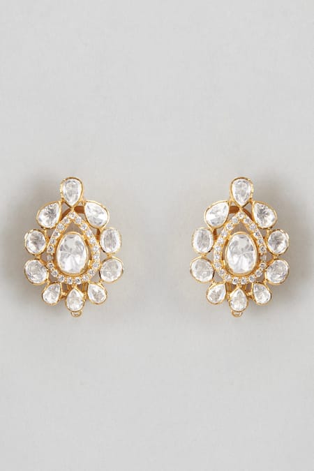 Shop Karisa Designs White Crystals Moissanite Polki Drop Pattern Earrings at Aza Fashions Shop_Karisa Designs_White Crystals Moissanite Polki Drop Pattern Earrings _at_Aza_Fashions