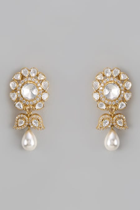 Shop Karisa Designs White Pearl, Cubic Zirconia, Moissanite Polkis Ira Embellished Floral Earrings at Aza Fashions Shop_Karisa Designs_White Pearl, Cubic Zirconia, Moissanite Polkis Ira Embellished Floral Earrings _at_Aza_Fashions